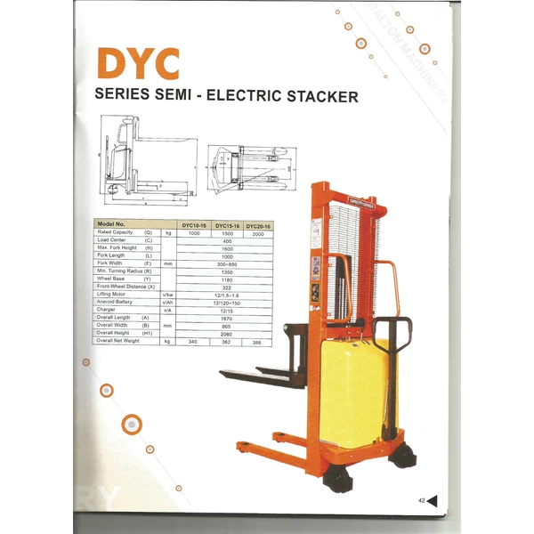 Semi Electric Stacker Dalton 1 Ton Tinggi 1600 mm